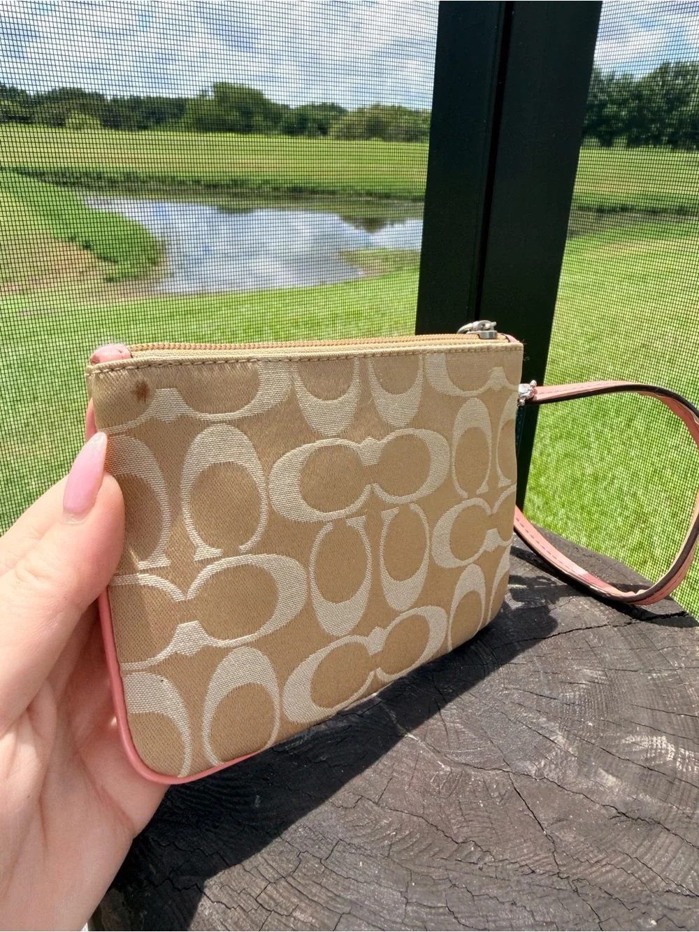 Coach Signature Jacquard Wristlet Khaki Pink Teal Hangtag Y2K Pouch